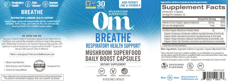 Breathe HP with Zinc & Vitamin D (Om Mushrooms) Label