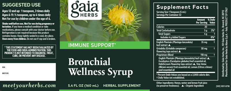Bronchial Wellness Herbal Syrup (Gaia Herbs) label