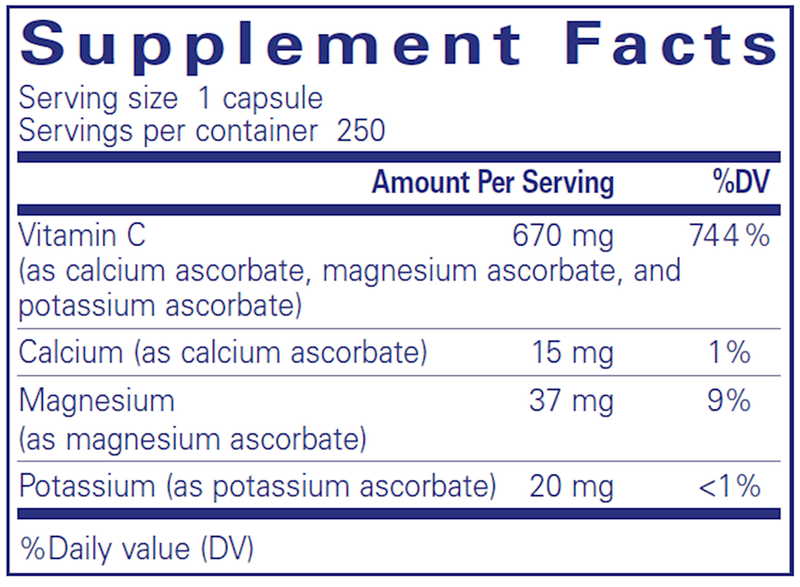 Buffered Ascorbic Acid 250 Capsules Pure Encapsulations Label Supplement Facts