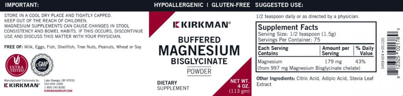 Buffered Magnesium Bisglycinate (Kirkman Labs) Label