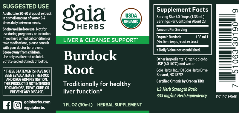 Burdock Root 1oz (Gaia Organics®) (Gaia Herbs) Label