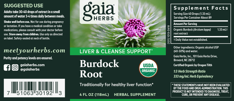 Burdock Root 4oz (Gaia Organics®) (Gaia Herbs) Label
