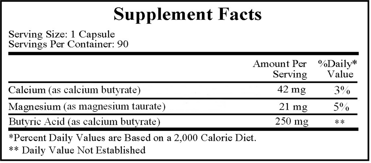 Butyric Acid 2:1 Ratio Supplement Facts Label