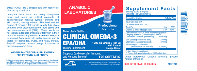 CLINICAL OMEGA-3 EPA/DHA (Anabolic Laboratories) 120ct Label