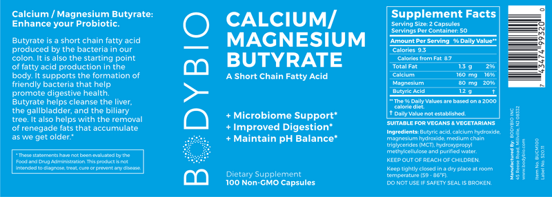 Cal-Mag Butyrate (BodyBio) 100ct Label