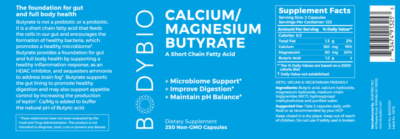 Cal-Mag Butyrate (BodyBio) 250ct Label