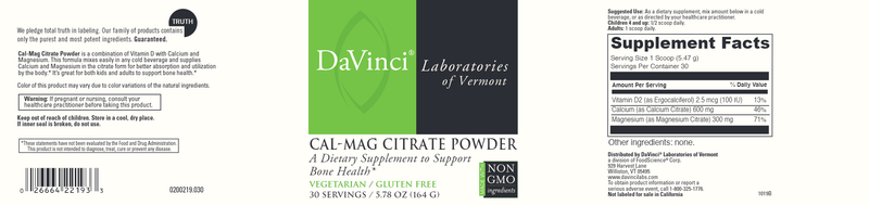Cal Mag Citrate Powder DaVinci Labs Label