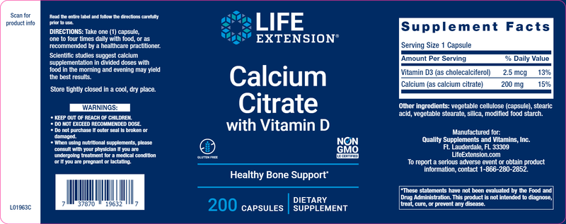 Calcium Citrate with Vitamin D (Life Extension) Label