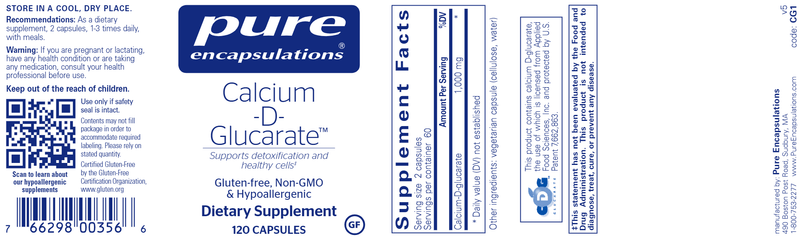 Calcium-D-Glucarate 120 Caps Pure Encapsulations Label