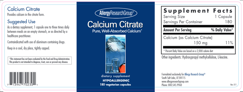 Calcium Citrate (Allergy Research Group) label
