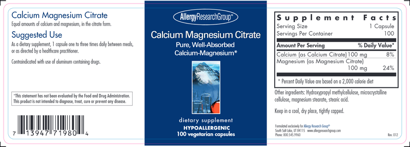 Calcium Magnesium Citrate (Allergy Research Group) label