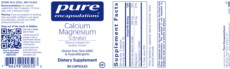 Calcium Magnesium (citrate) 90 Caps Pure Encapsulations Label