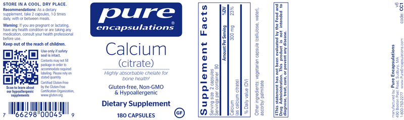 Calcium citrate Pure Encapsulations Label