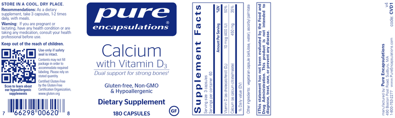Calcium with Vitamin D3 (Pure Encapsulations) Label