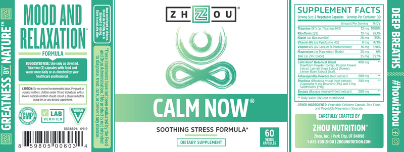 Calm Now (ZHOU Nutrition) Label