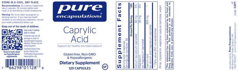 Caprylic Acid 120 Caps Pure Encapsulations Label