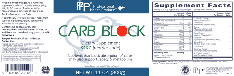 Carb Block Professional Health Products Label