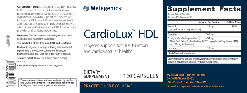 CardioLux HDL (Metagenics) Label