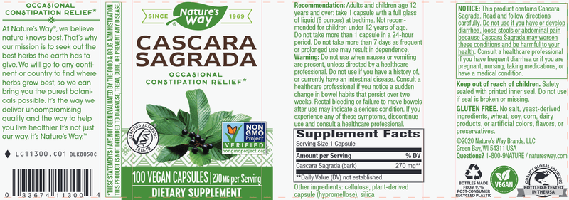 Cascara Sagrada 270 mg (Nature's Way) Label