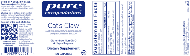 Cat's Claw 180 Caps Pure Encapsulations Label