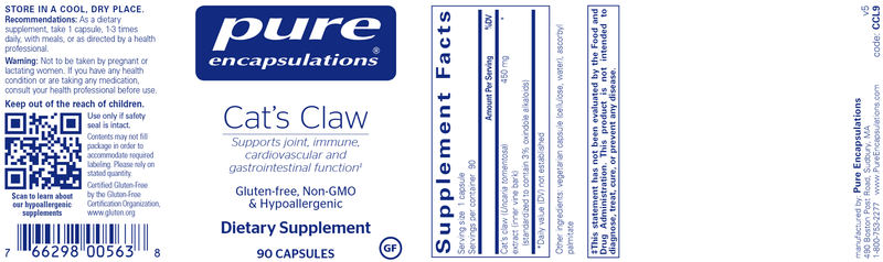 Cat's Claw 90 Caps Pure Encapsulations Label