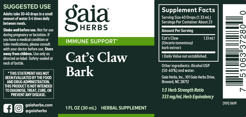 Cat's Claw Bark 1oz (Gaia Herbs) Label