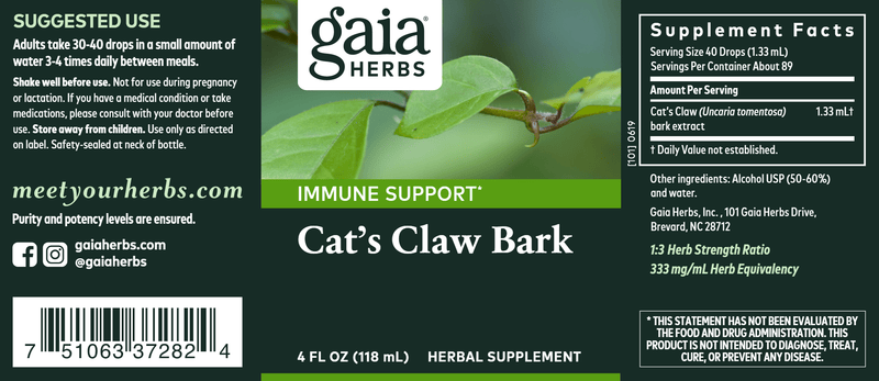 Cat's Claw Bark 4oz (Gaia Herbs) Label