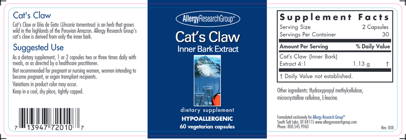 Cat's Claw (Allergy Research Group) label