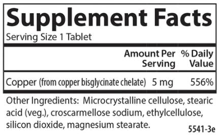 Chelated Copper 5 mg Supplement Facts Label