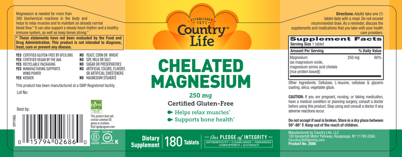 Chelated Magnesium 250 mg (Country Life) Label