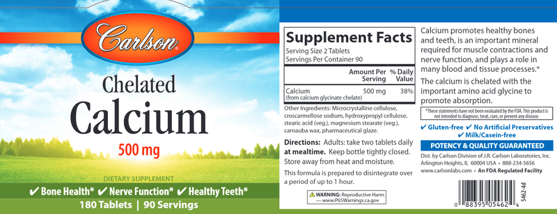 Chelated Calcium 500 mg (Carlson Labs) Label