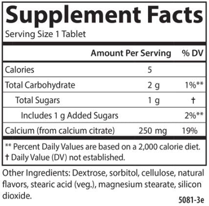 Chewable Calcium Citrate 250 mg Supplement Facts Label