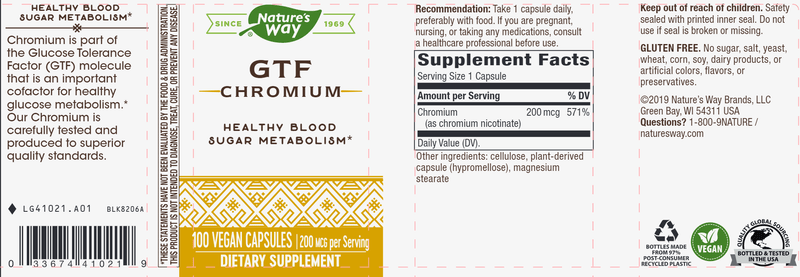 Chromium GTF 200 mcg (Nature's Way) Label