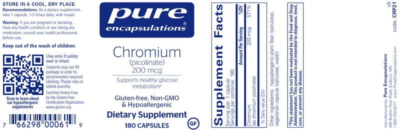Chromium (picolinate) 200 mcg (Pure Encapsulations) 180ct Label