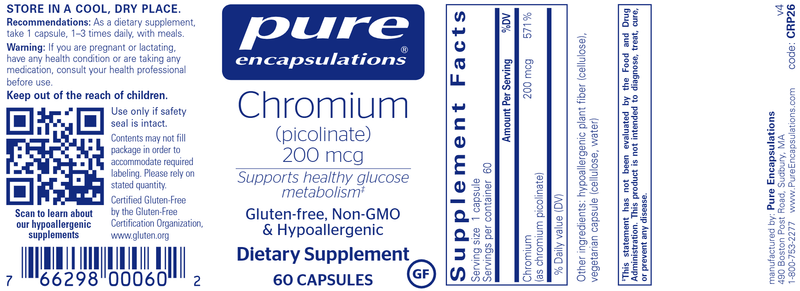 Chromium (picolinate) 200 mcg (Pure Encapsulations) 60ct Label