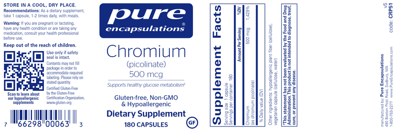 Chromium (picolinate) 500 mcg 180 Caps (Pure Encapsulations) Label