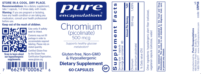 Chromium (picolinate) 500 mcg 60 Caps (Pure Encapsulations) Label
