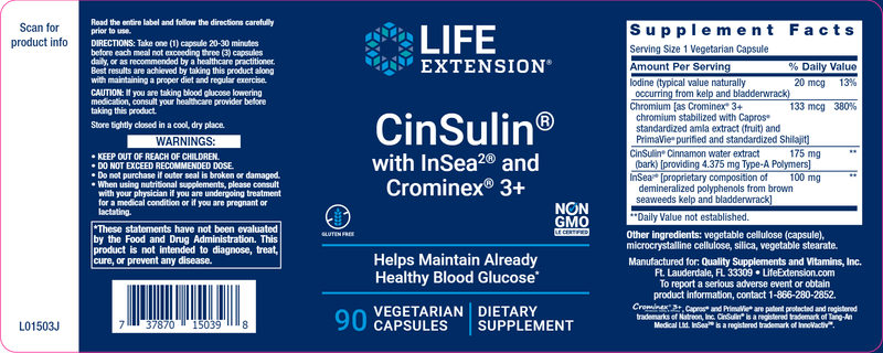 CinSulin® with InSea2® and Crominex® 3+ (Life Extension) Label