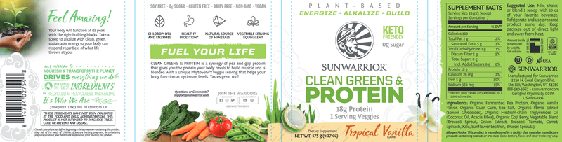 Clean Greens and Protein Vanilla (Sunwarrior) Label