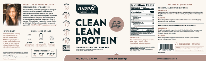 Clean Lean Protein Probiotic Cacao NuZest Label