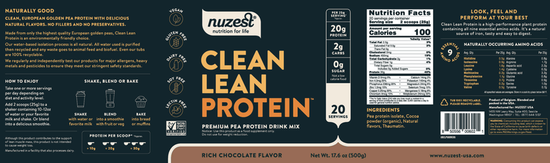 Clean Lean Protein Rich Chocolate 20 Servings NuZest Label
