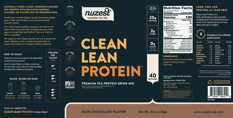 Clean Lean Protein Rich Chocolate 40 Servings NuZest Label