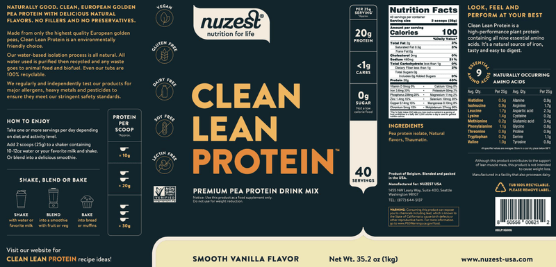 Clean Lean Protein Smooth Vanilla 20 Servings NuZest Label