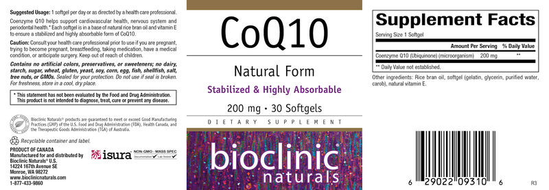 CoQ10 200 mg (Bioclinic Naturals) 30ct Label