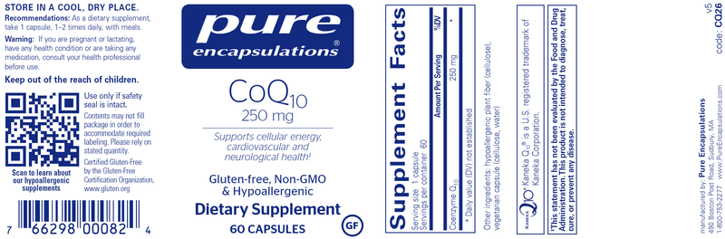 CoQ10 250 Mg. (Pure Encapsulations) Label