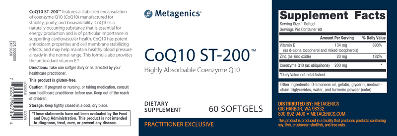 CoQ10 ST-200 (Metagenics) Label