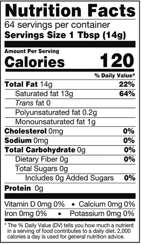 Coconut Oil (Omega Nutrition) 32oz Nutrition Facts