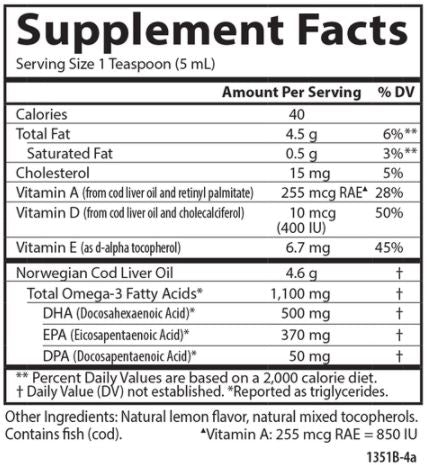 Cod Liver Oil Lemon (Carlson Labs) Supplement Facts