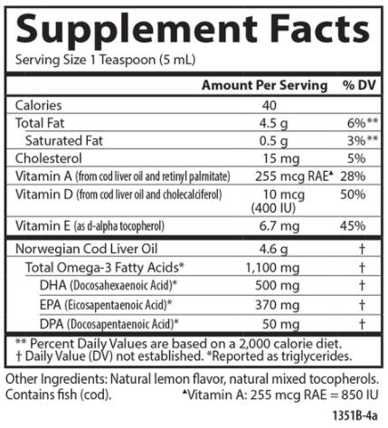 Cod Liver Oil Regular Flavor (Carlson Labs) Supplement Facts