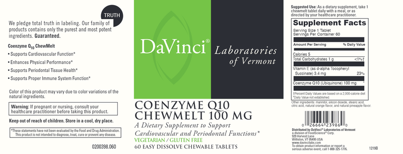 Coenzyme Q10 Chewmelt 100 Mg DaVinci Labs Label